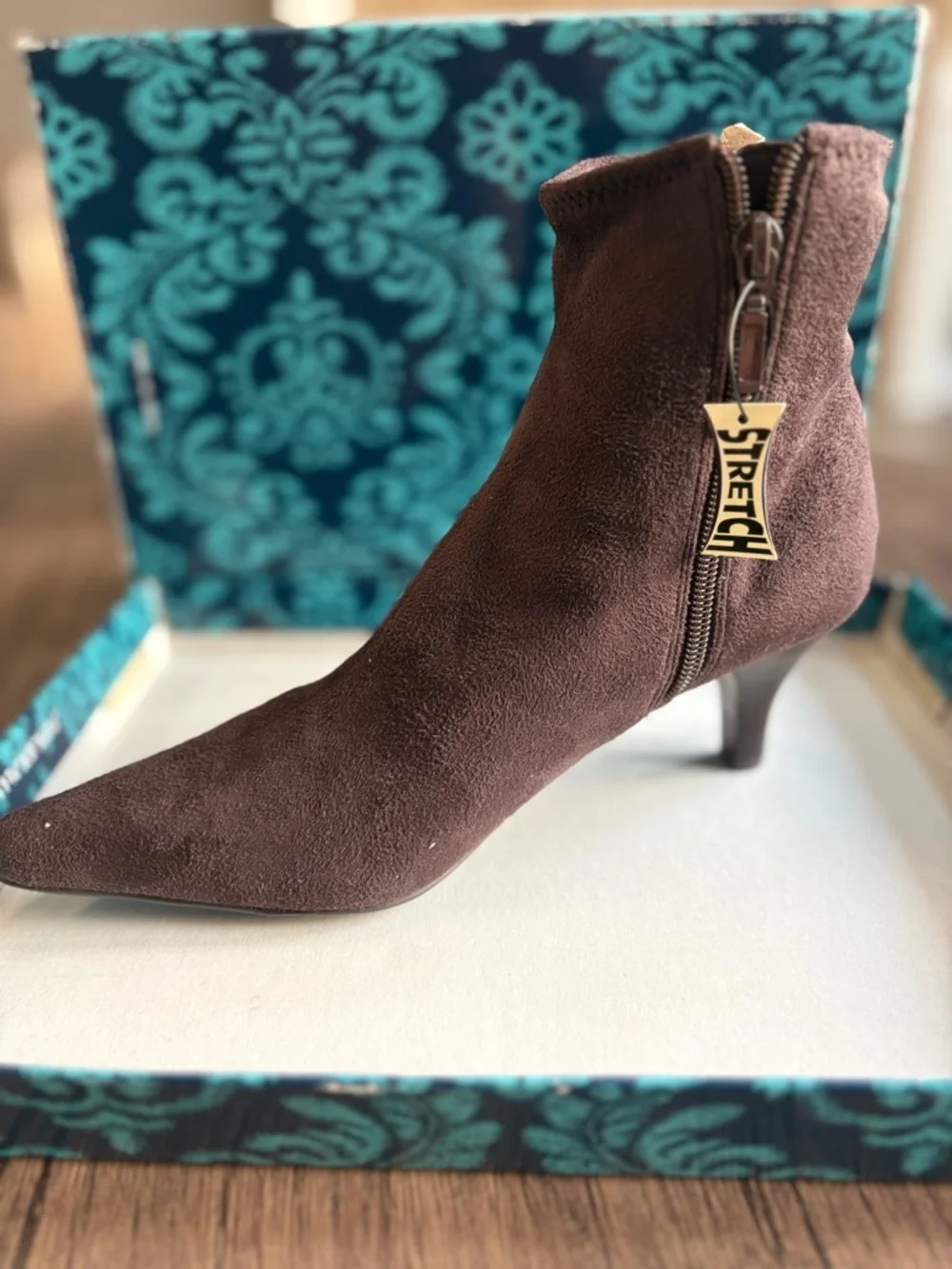 Impo Chocolate Brown Suedy Stretch Pointed Toe Ankle Boots